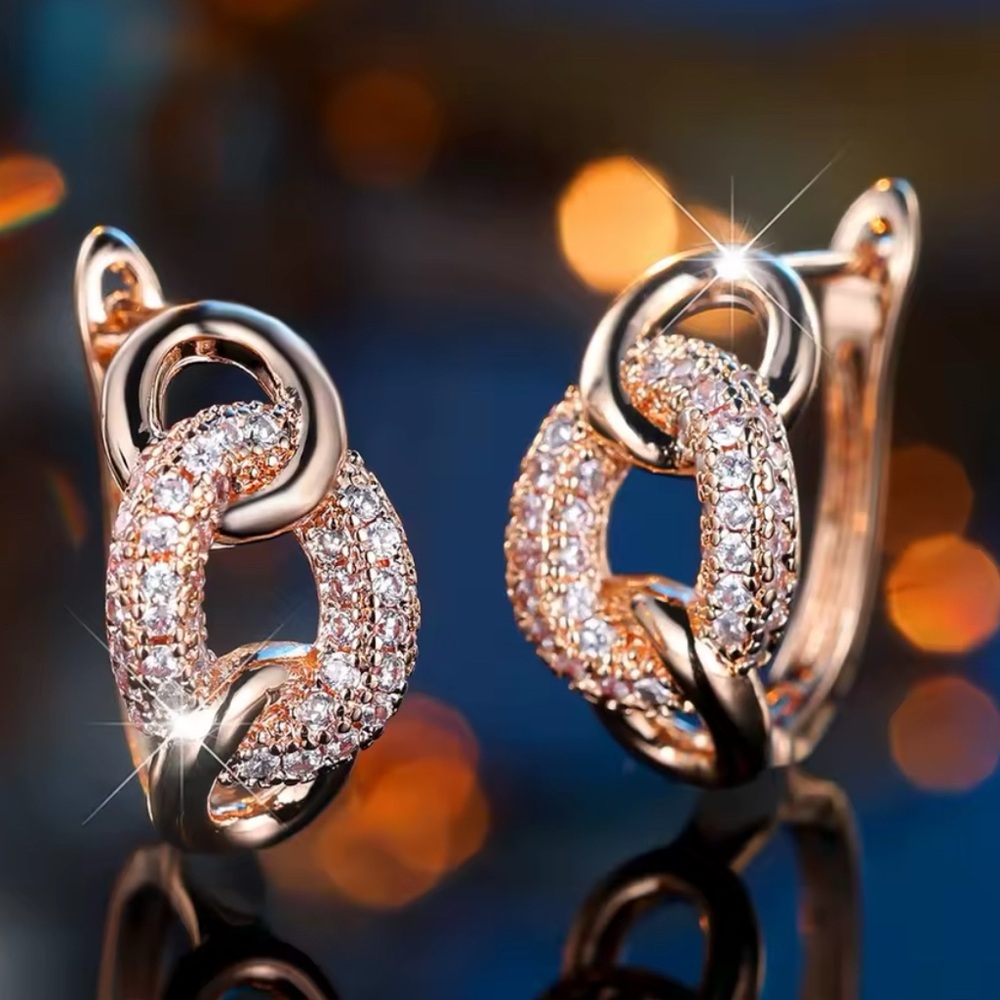 NEW TRIPLE HOOP SIMULATED DIAMOND GOLD LATCH EARRINGS